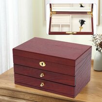 Large Wooden Jewellery Box Storage Craft Mirror Drawer Compartment Decorate 27cm 