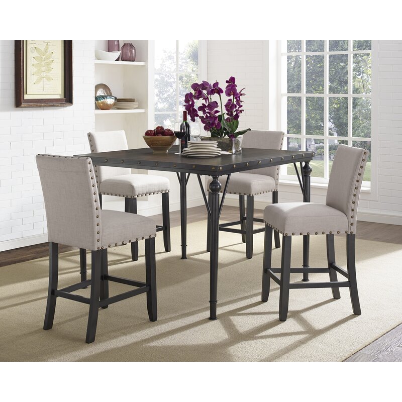 Haysi Wood Counter Height 5 Piece Dining Set With Fabric Nailhead Chairs