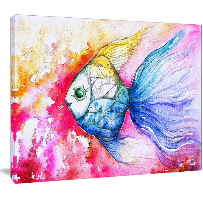 Designart Blue Fish On Red Background Painting Print On Wrapped
