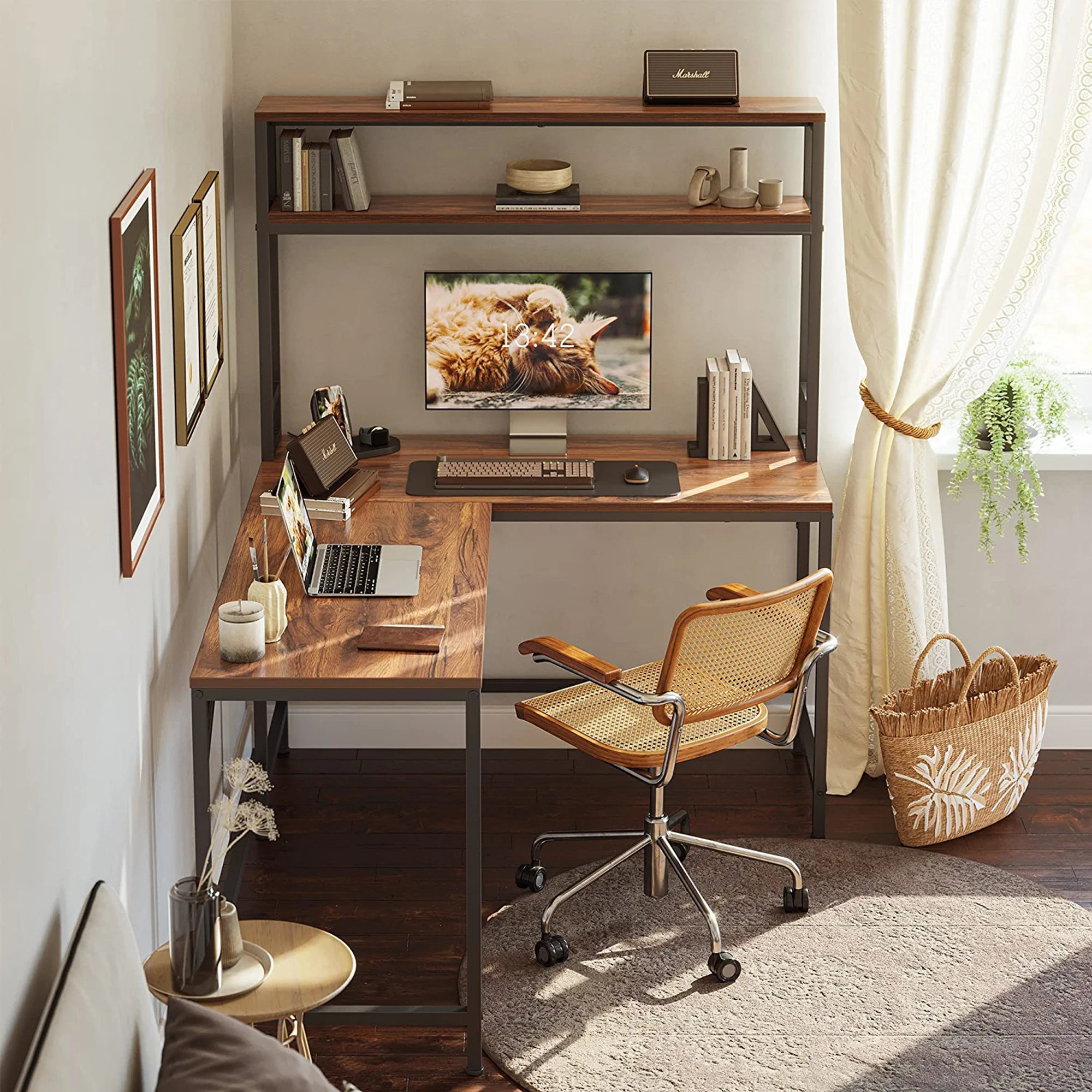 Inbox Zero L Shaped Desk With Hutch, 59.1" Corner Computer Desk, Home