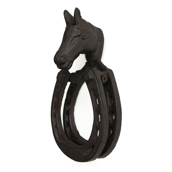 Cast Iron Horse with Horseshoe Vintage Country Door Knocker 