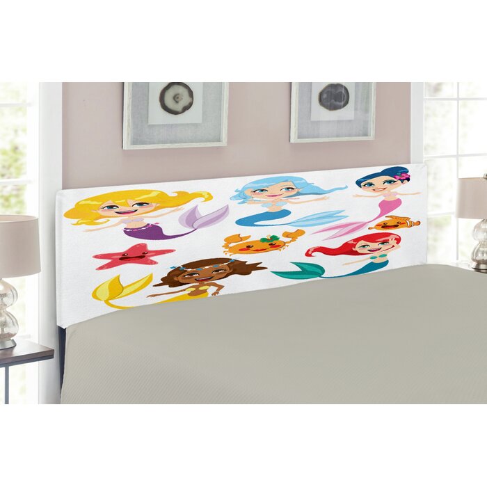 Ambesonne Underwater Headboard For Queen Size Bed Illustration Of Cute Colourful Mermaids And Sea Friends Kids Cheering Joyful Upholstered
