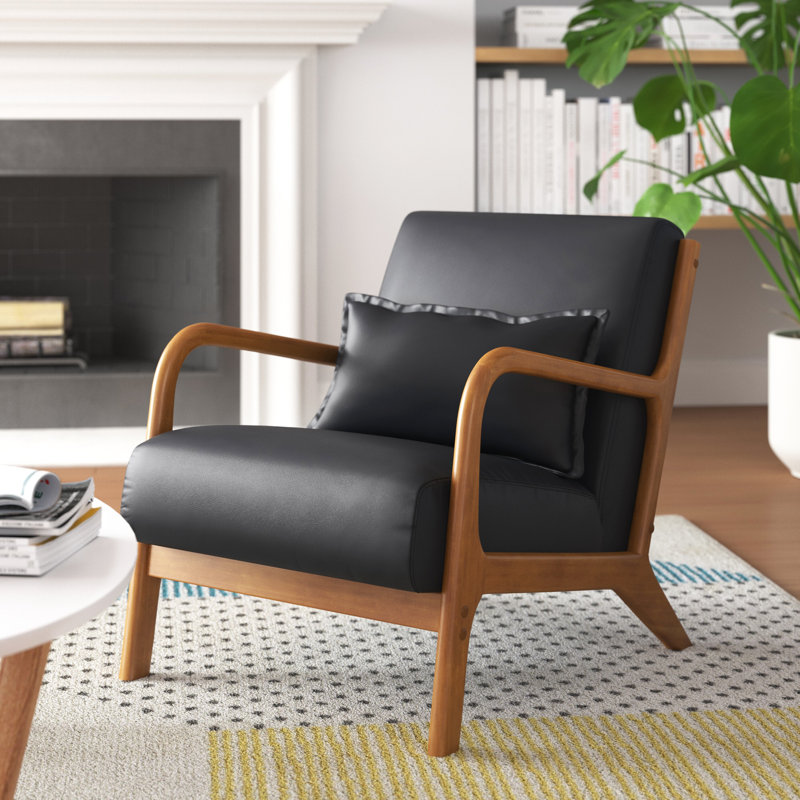 DAMAGED Ash Accent Chair With Pillow, Pu Upholstery, Rubberwood Legs Upholstery Color: Black Polyurethane