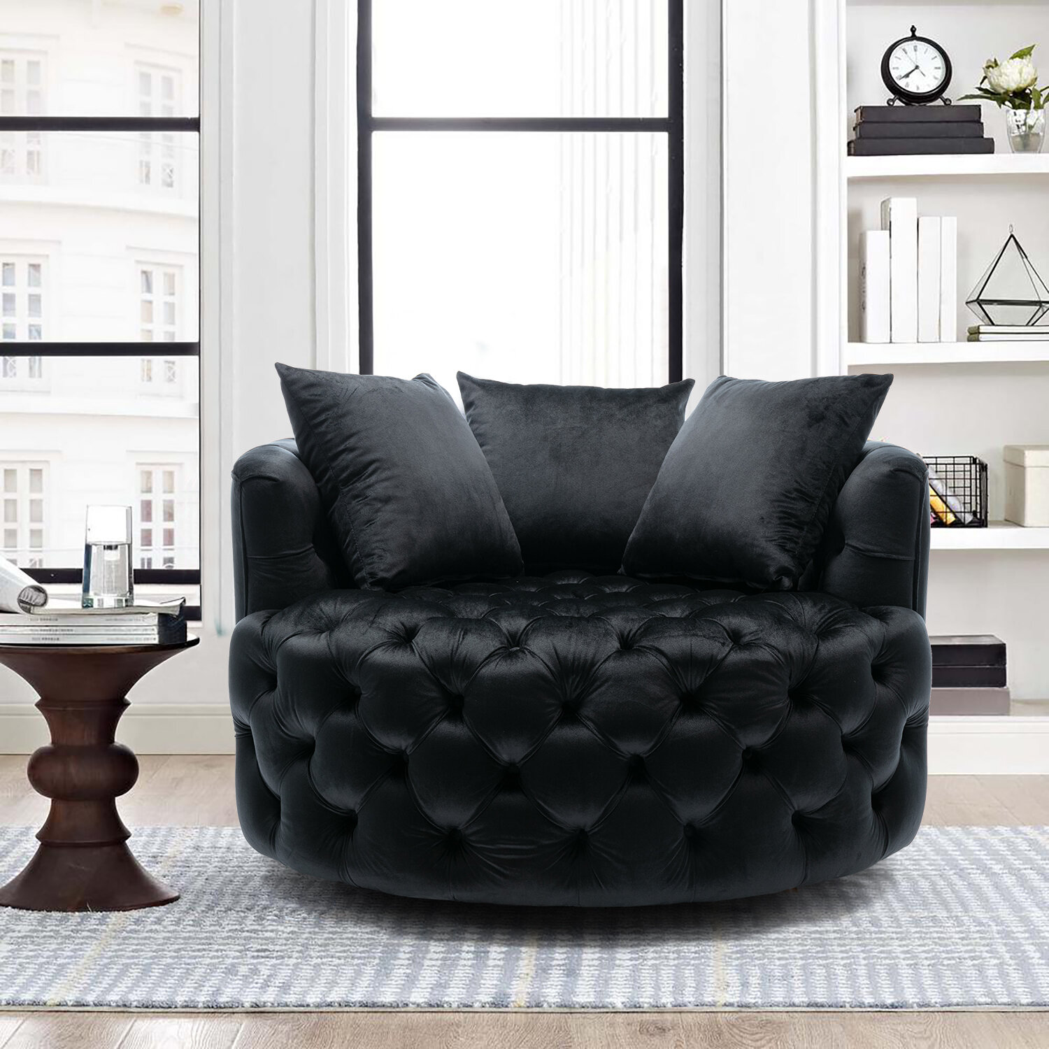 wide tufted velvet swivel barrel chair