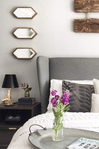 4 Fi For The Blank E Above Your Bed Wayfair A Grey Linen Headboard With 3 Pee Identical Mirrors Hung Above The Nightstand