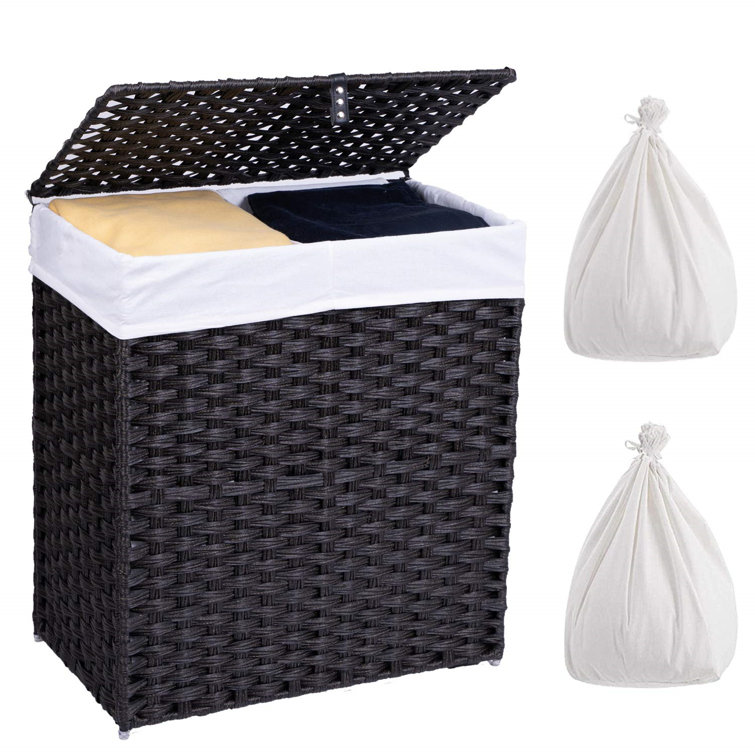 qing Laundry Hamper With Lid And 2 Liner Bag, Synthetic Rattan Wicker Handwoven Laundry Basket