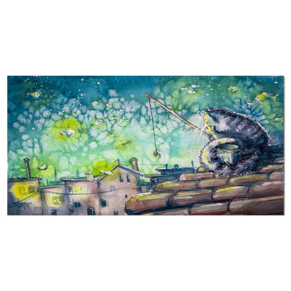 East Urban Home Cat Fishing In Night City Oil Painting Print On