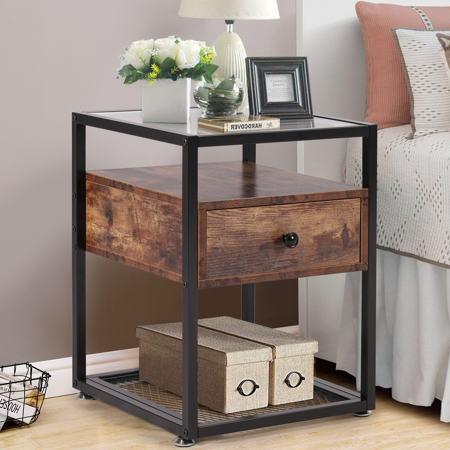 metal glass nightstand