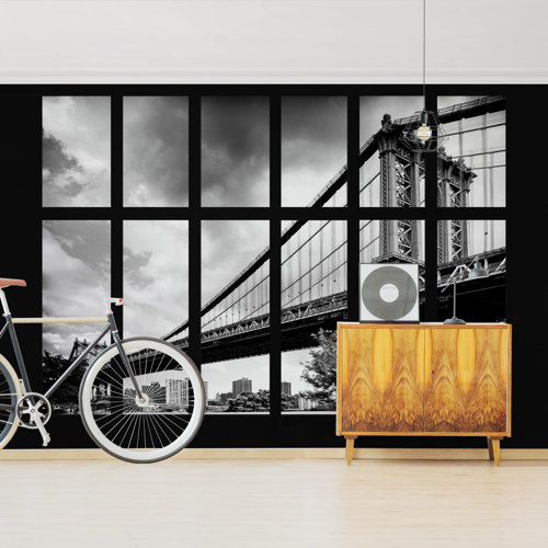 Window on Manhattan Bridge in New York 2.25m x 3.36m Textured Matt Peel & Stick Wall Mural East Urban Home