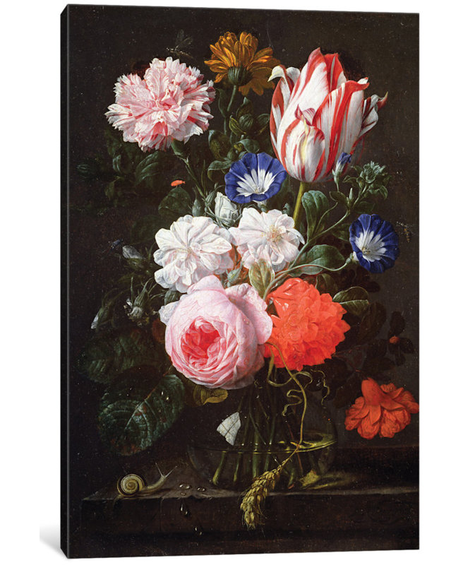 East Urban Home Still Life Of Roses A Carnation Convolvulus And A Tulip In A Glass Vase Painting Print On Canvas Wayfair