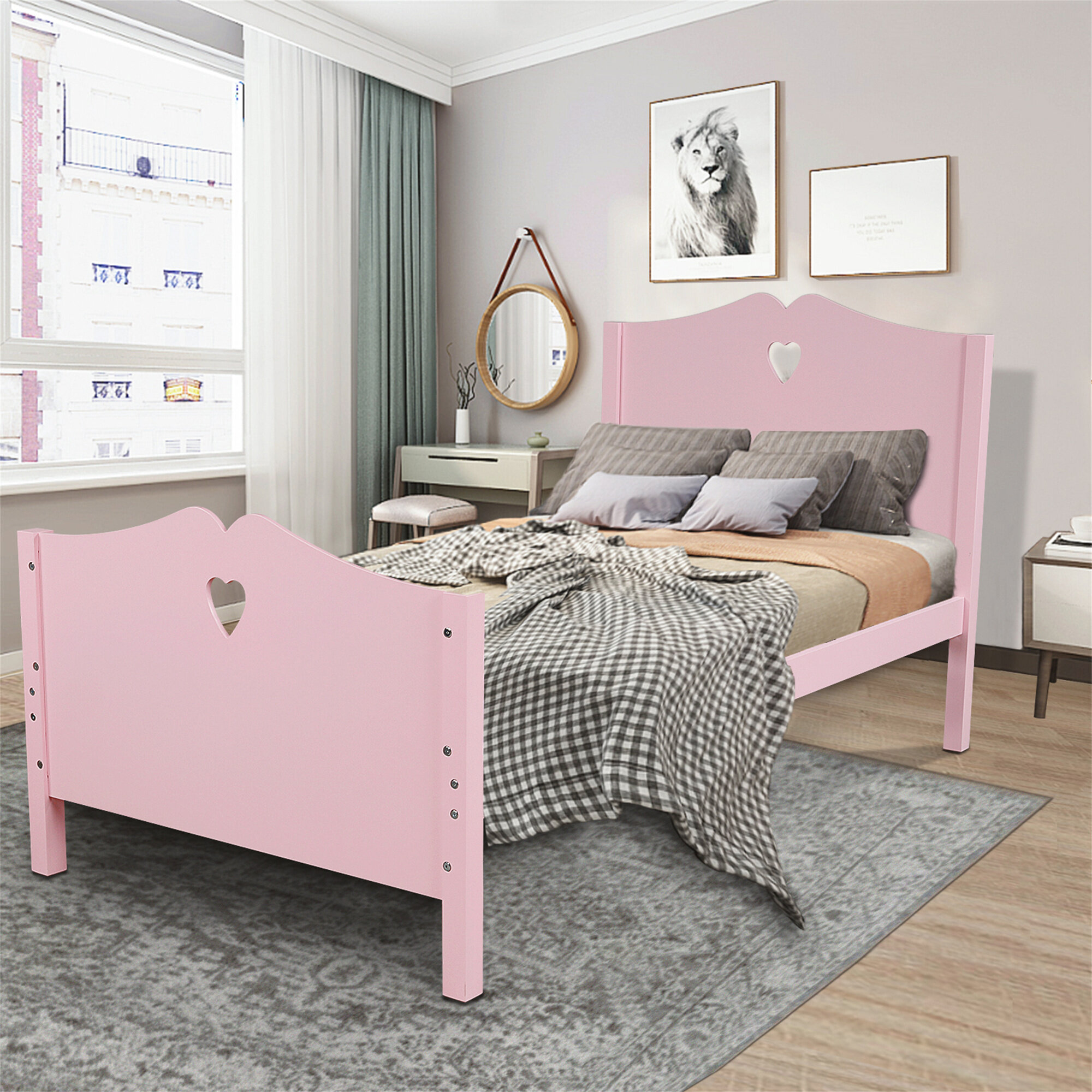 Pink for girls bedroom Details about   Platform Bed Frame with Headboard Twin Size Wood Frame 