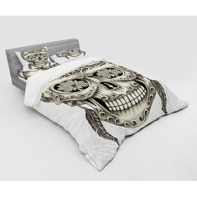 East Urban Home Day Of The Dead Spanish Sugar Skull With Roses Dragonfly Eyes Feather And Earrings Artwork Duvet Cover Set Wayfair Ca