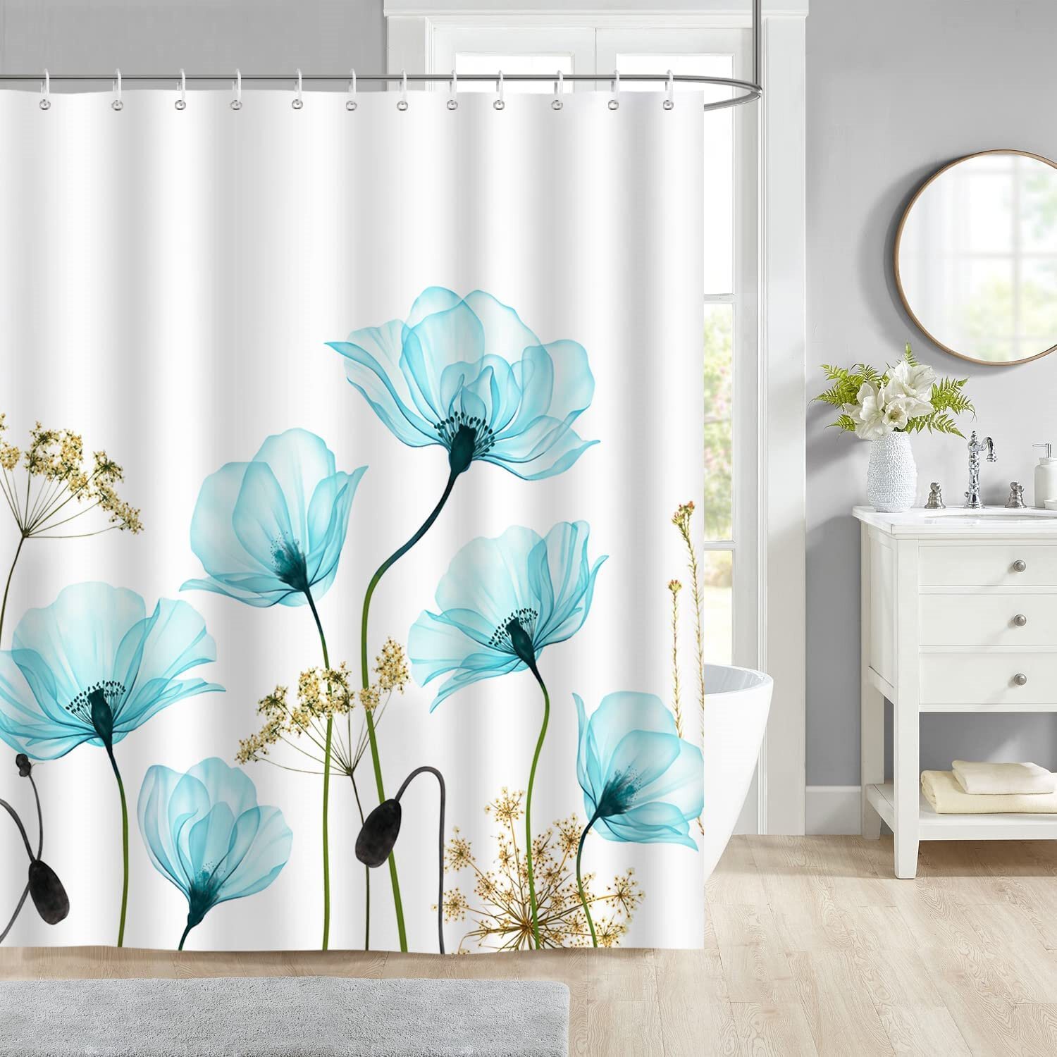 72x72" Floral Blue Shaggy Flowers Bathroom Fabric Shower Curtain Set With Hooks 