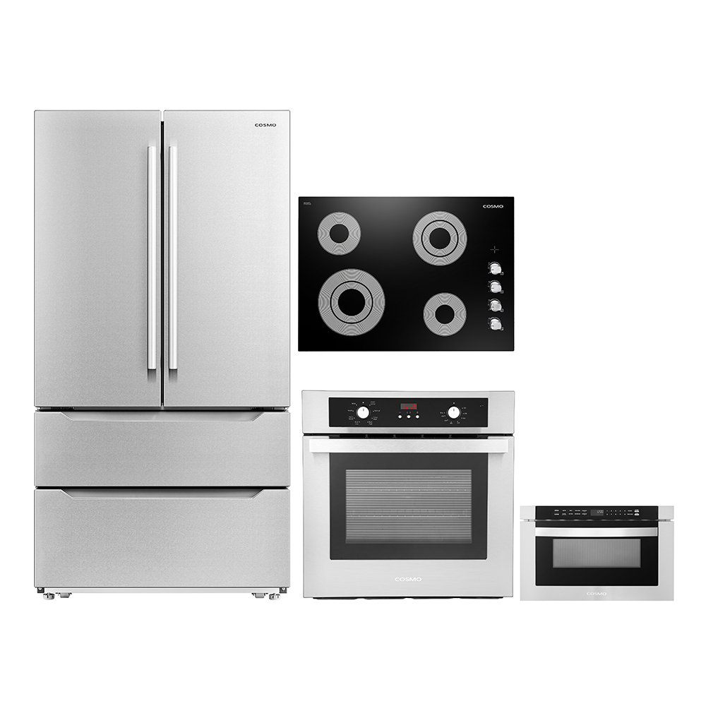 Cosmo 4 Piece Kitchen Appliance Package with French Door Refrigerator ...