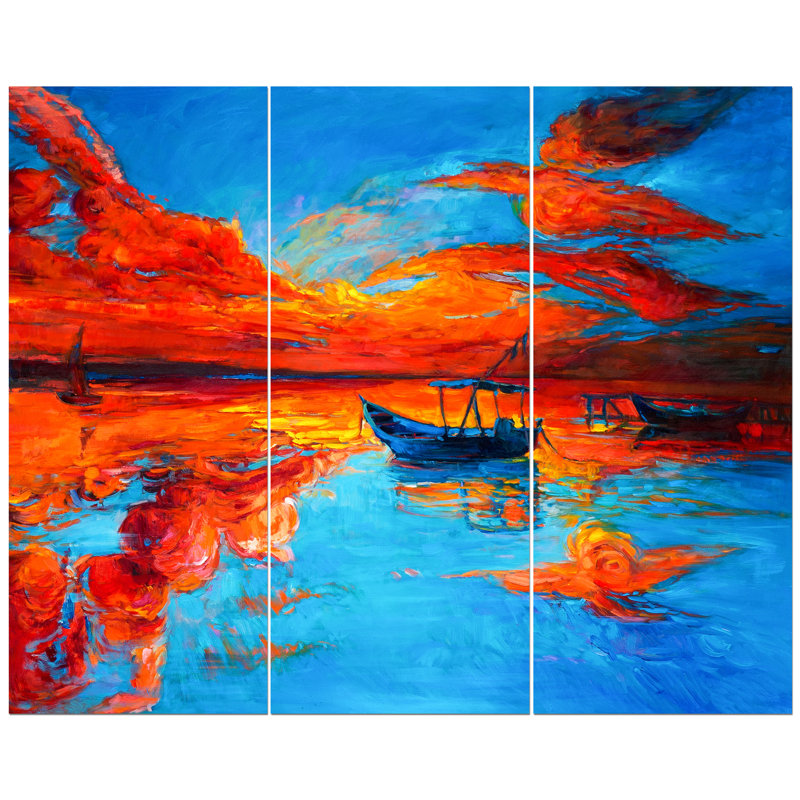 East Urban Home Golden Sunset And Blue Sky Over Sail Boats Oil Painting Print Multi Piece Image On Wrapped Canvas Wayfair
