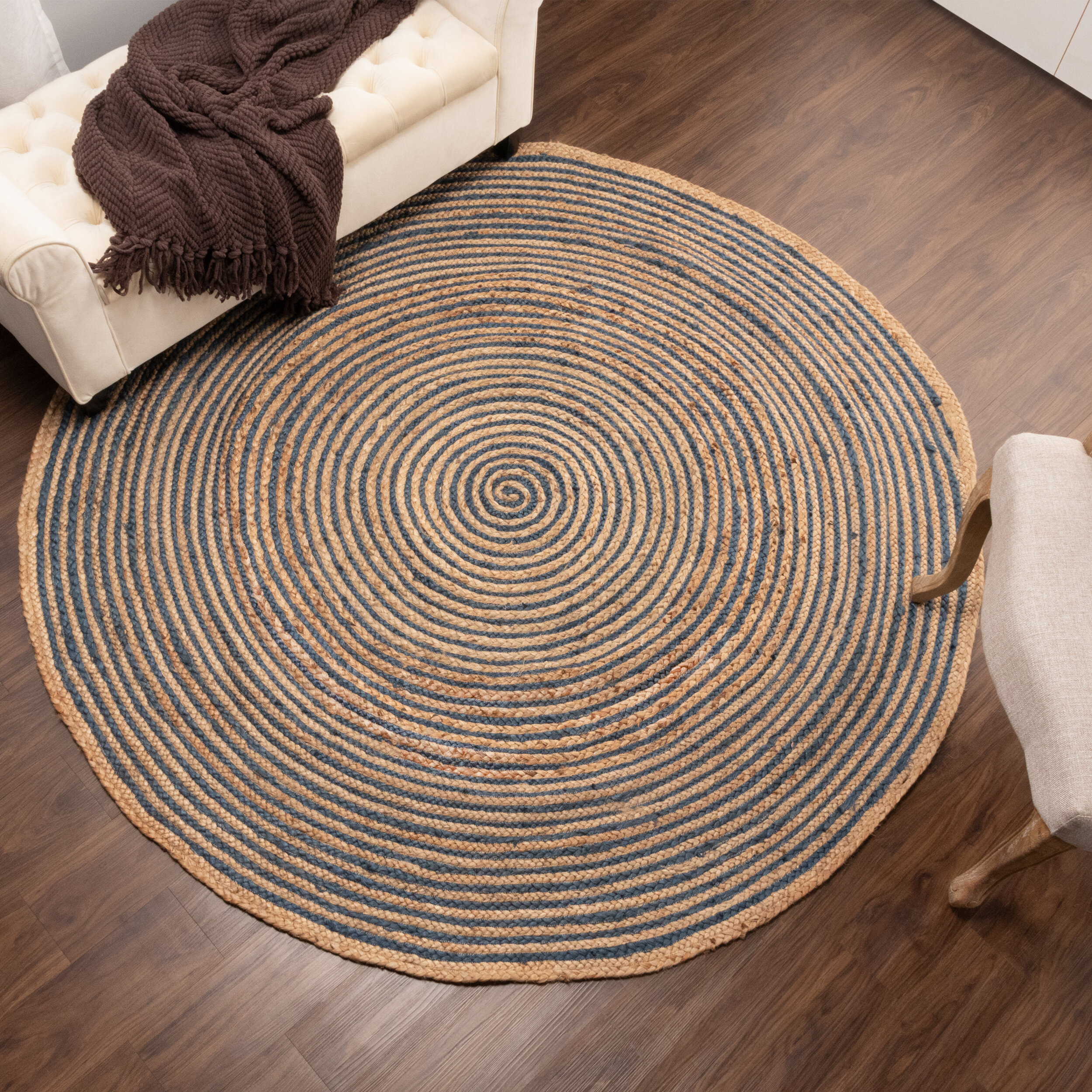 Jute 100% Natural Round Rug Indian Braided style blue Handmade Floor Jute Rugs