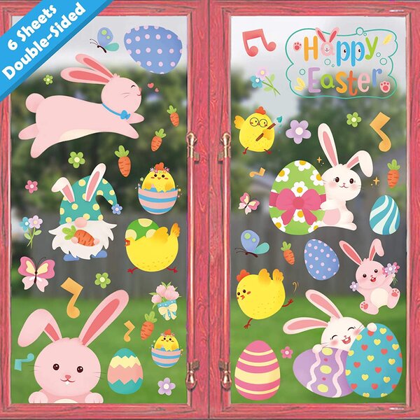 NEW Spring Easter Rabbits Bunnies Eggs CUTE Window Gel Clings Decorations 13 pcs 