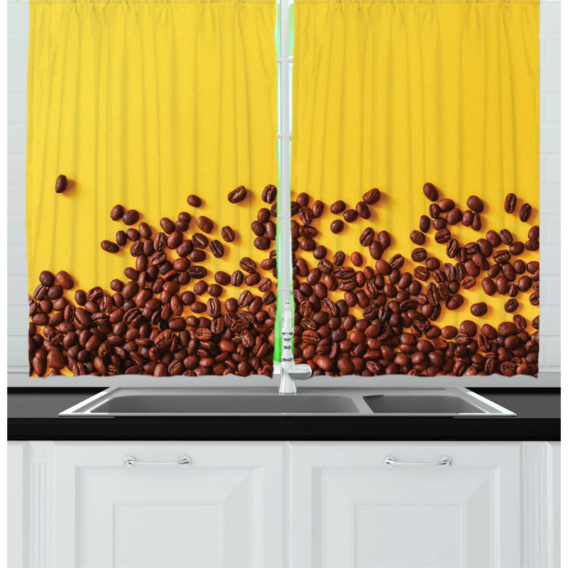 East Urban Home 2 Piece Natural Color Coffee Lover Themed Sprinkled Beans Photo Print Caffeine Drink Kitchen Curtain Set Wayfair