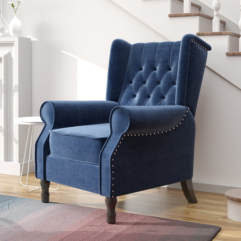Dembinski 28'' Wide Velvet Manual Wing Chair Recliner Upholstery Color: Navy Blue