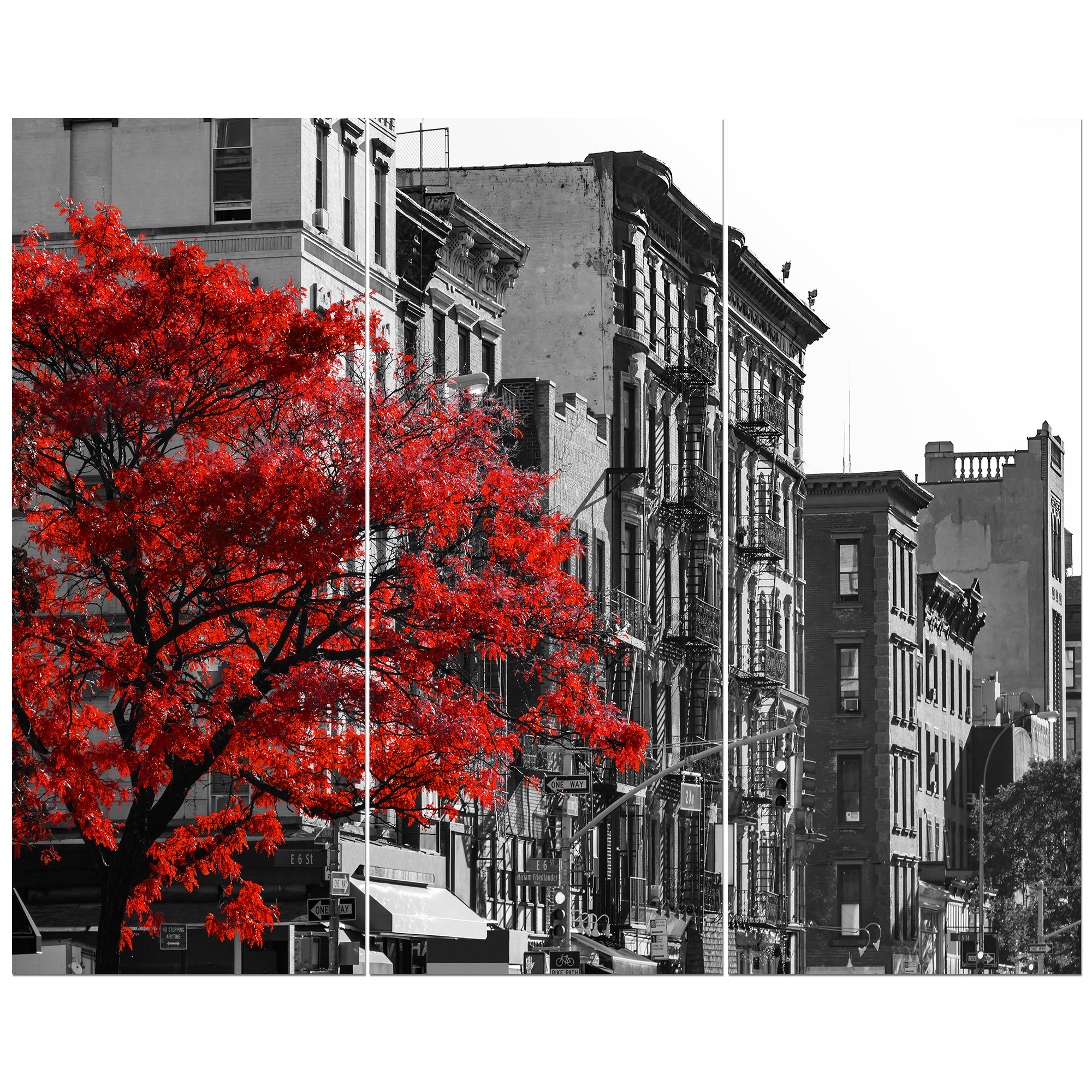 East Urban Home Red Tree On Black And White New York City Street