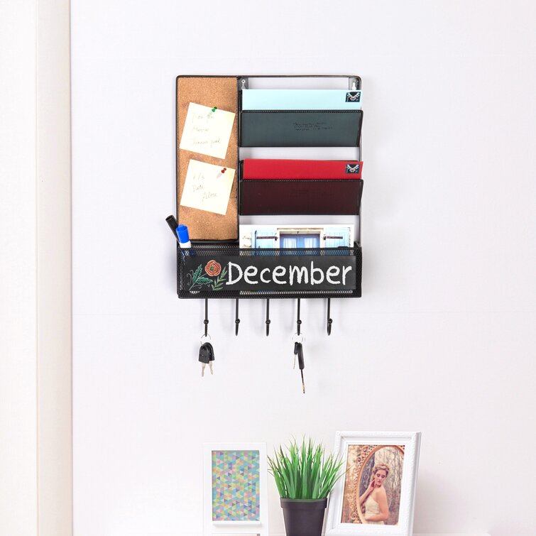 Mail Holder With 5 Key Hooks Wall-Mounted Wooden Rack Envelope Organizer Home 