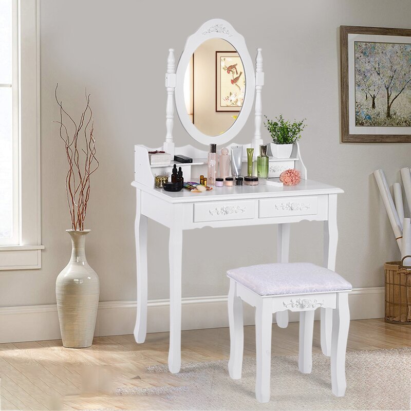 House Of Hampton Vanity Table Set With Oval Mirror With 4 Drawers Dressing Table Cushioned Stool Wayfair