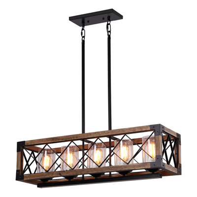 Daberechi Rectangle Wood Metal Pendant Light Kitchen Island Chandelier Vintage Ceiling Light Fixture 5 Lights with Glass Shade