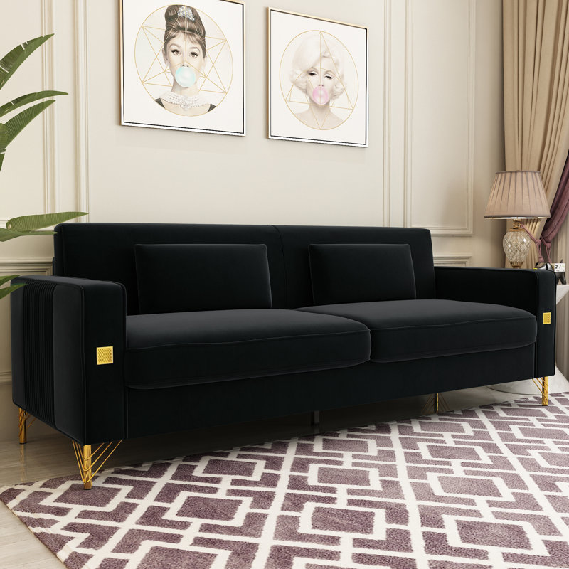 Deondry 85.63" Velvet Square Arm Sofa Fabric: Black Velvet