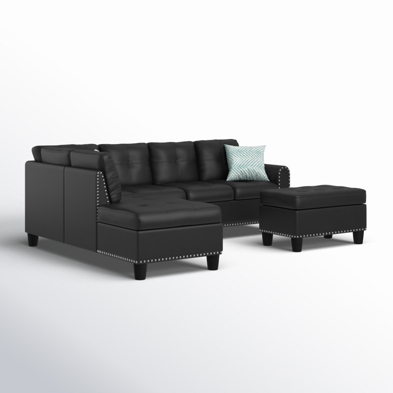 Incomplete 1 box for pick up)Alger 97\" Wide Left Hand Facing Sofa & Chaise with Ottoman Leather Type: Black Faux Leather