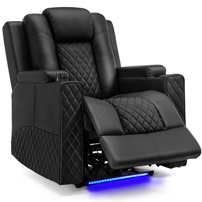 Power Recliner Chair PU Leather Electric Massage Recliner Sofa for Living Room Home Theater Seating with Cup Holders and LED Lighting Upholstery Color: Black