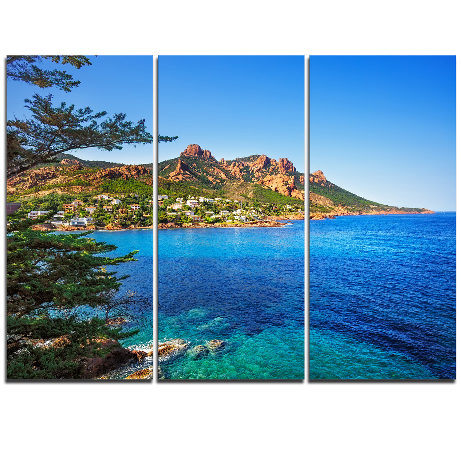 Designart Esterel Rocks Beach Coast In Blue 3 Piece Graphic Art On Wrapped Canvas Set Wayfair