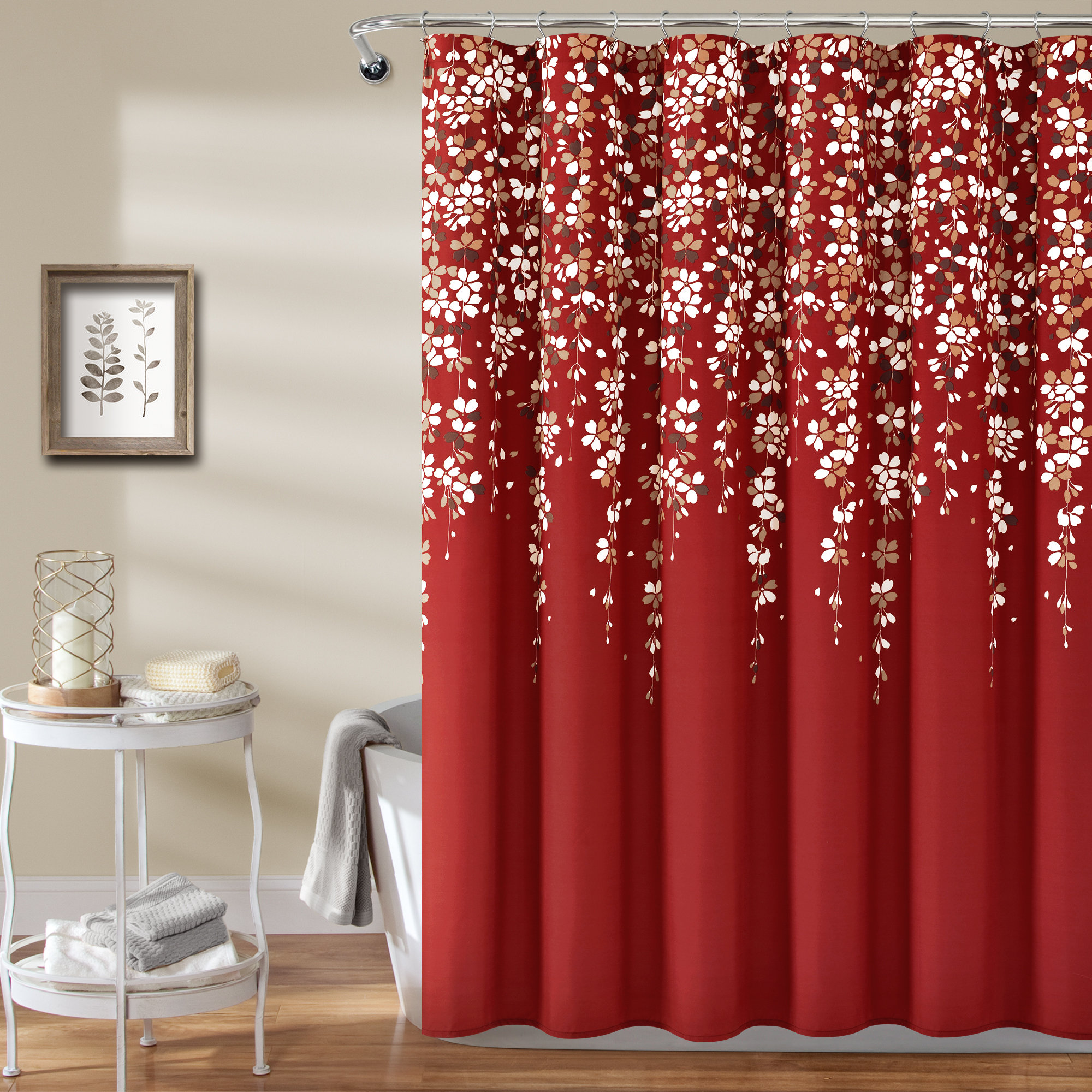 red and cream shower curtain