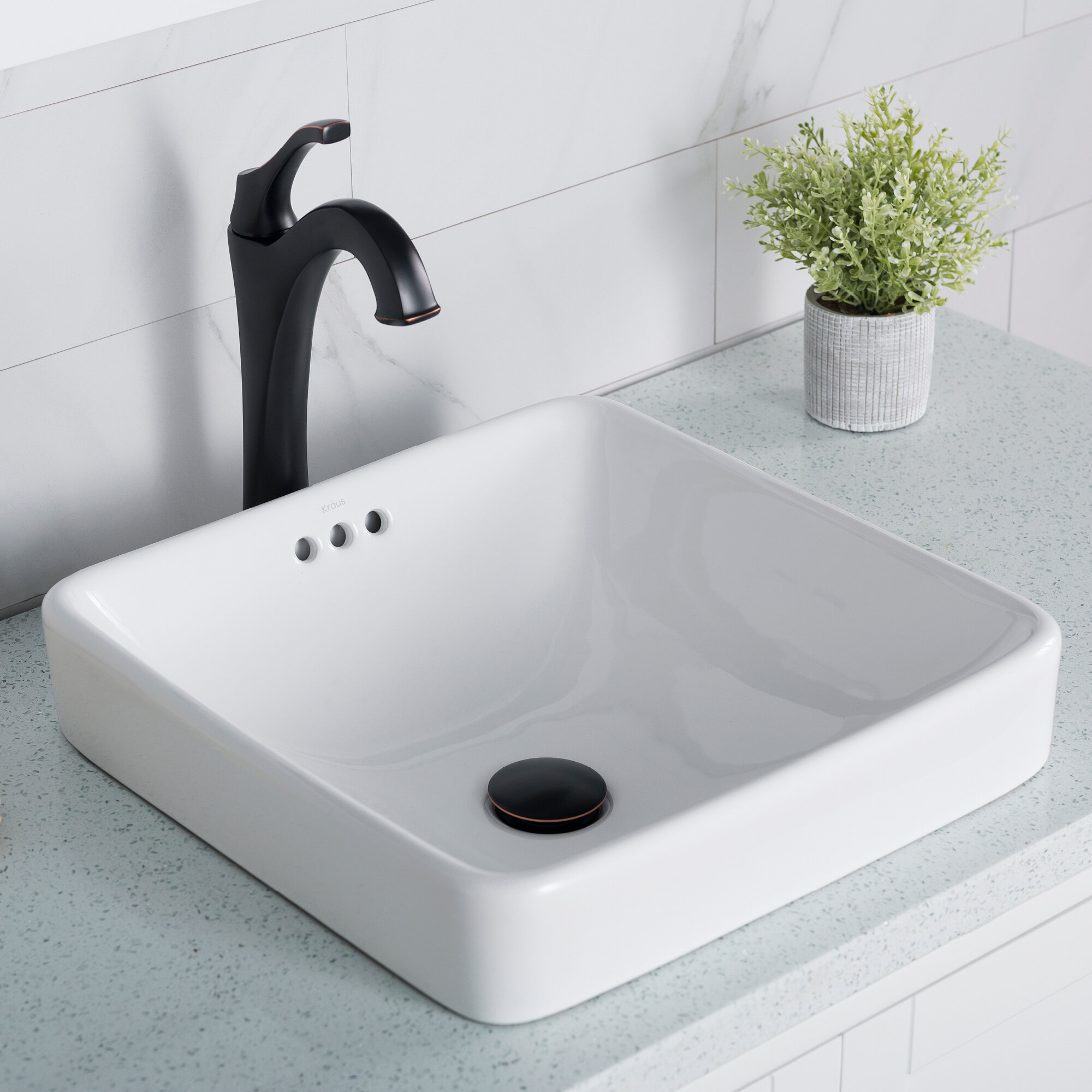 Elavo Ceramic Square Semi Recessed Bathroom Sink With Overflow