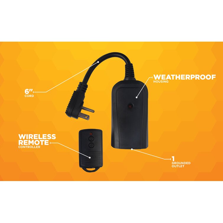 Woods Outdoor Weatherproof Wireless Remote Control With 3 Conductor Outlet Black 
