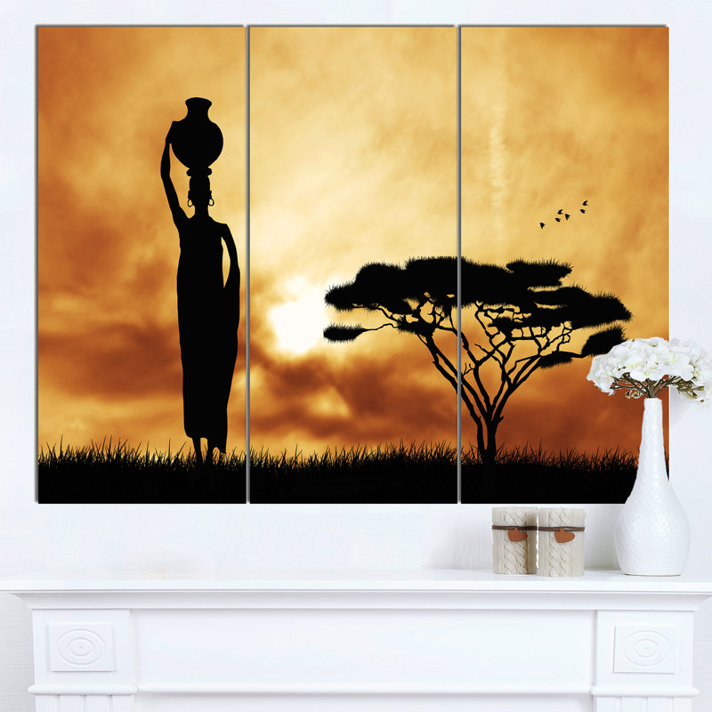 Designart African Woman And Lonely Tree 3 Piece Painting Print