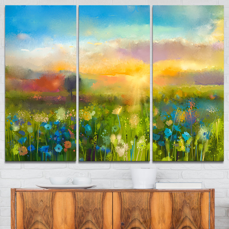 Designart Sunset Meadow Landscape 3 Piece Painting Print On