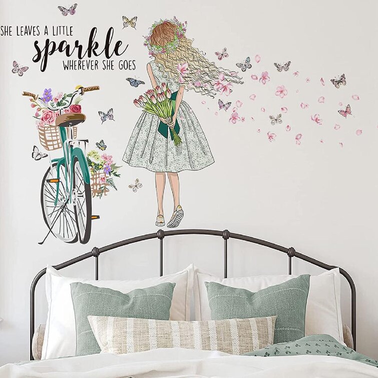 Flower Fairy on Bike Peel and Stick Removable Flower Fairy Wall Stickers Wall Mural for Kids Girls Nursery Bedroom Girl Riding Bicycle with Butterfly Wall Sticker Wall Decal 
