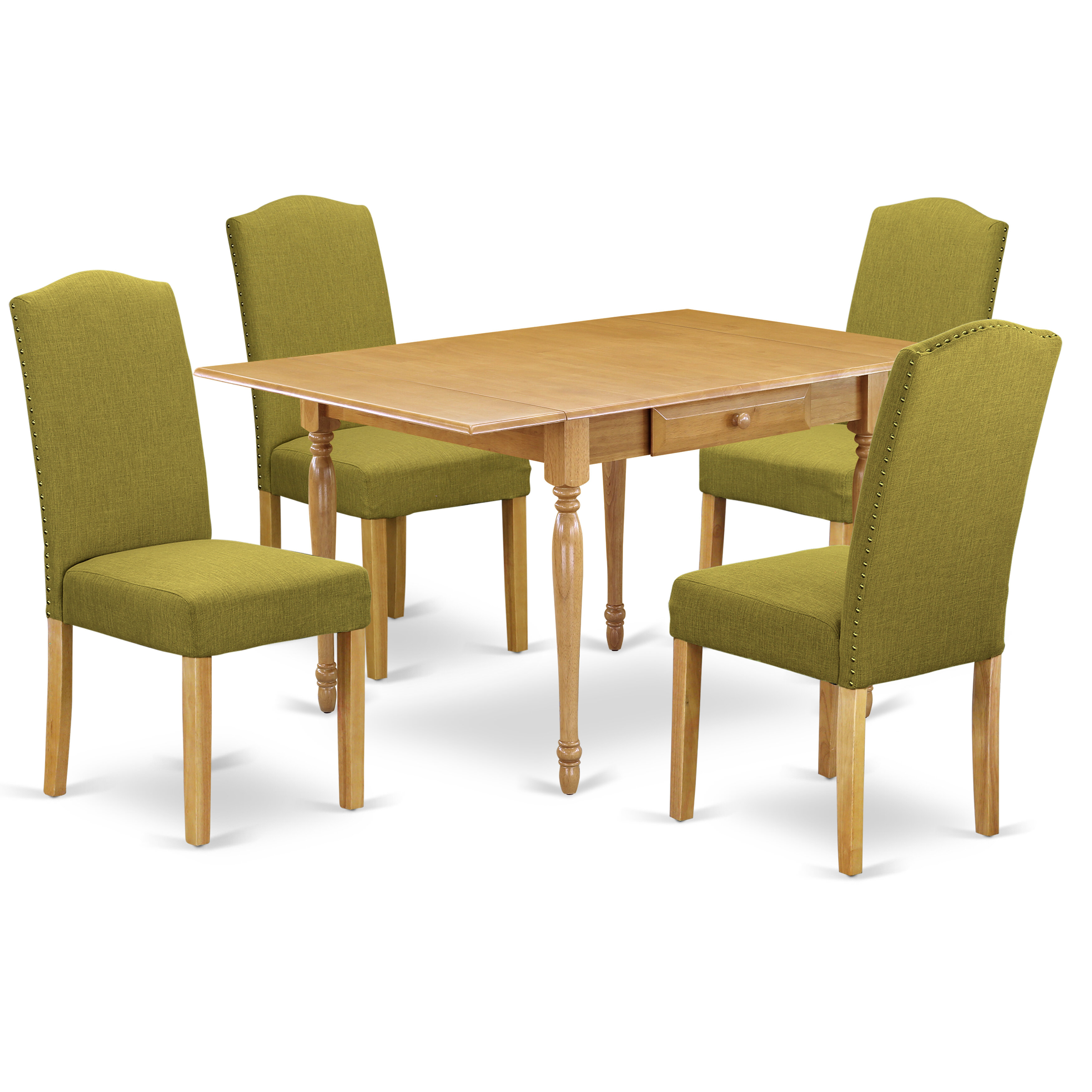 5pc dining room table set consists of a small dining table and 4 parson  chairs with limelight colour linen fabric drop leaf table with full back