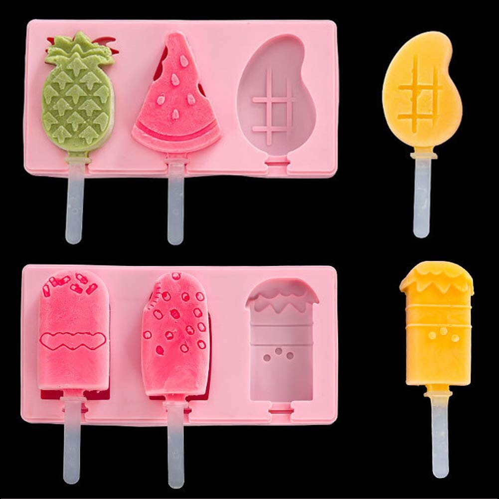 Popsicle Molds Silicone 3 Cavities Ice Cream Mold For DIY With Lid 50 Wood Stick