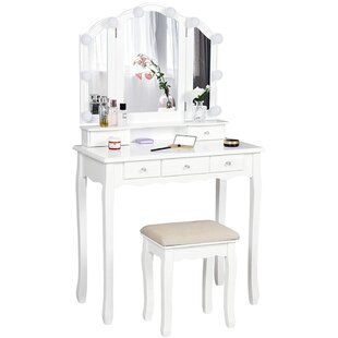 Details about   Vanity Beauty Station Makeup Table And Wooden Stool 3 Mirrors With LED Lights US 
