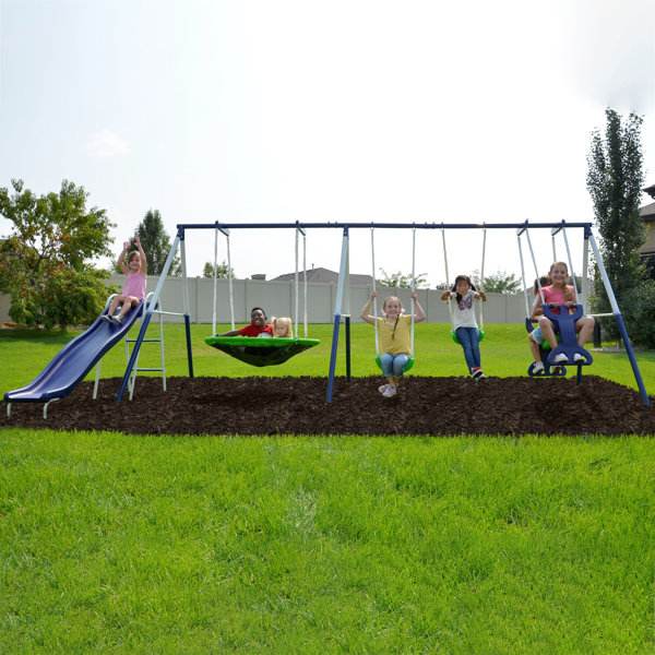 Kids Outdoor Garden Four Swing Set 4 Metal Children’s 6 Seats Glider & Cradle 