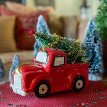 Christmas Tree Vintage Red Truck Snow Forest Silhouette Christmas Tree Forest Trees Set of Four Ceramic Tile Coasters Old Red Truck