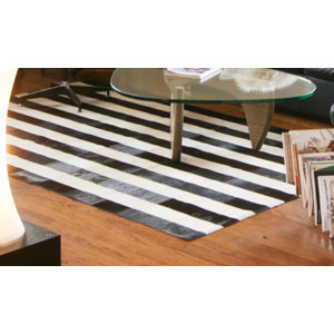Darshan Stitch Striped Hand-Woven Cowhide Black/White Area Rug