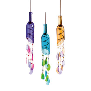 Blue Wine Bottle Wind Chime Green Lantern Set Glass Hanging Votive