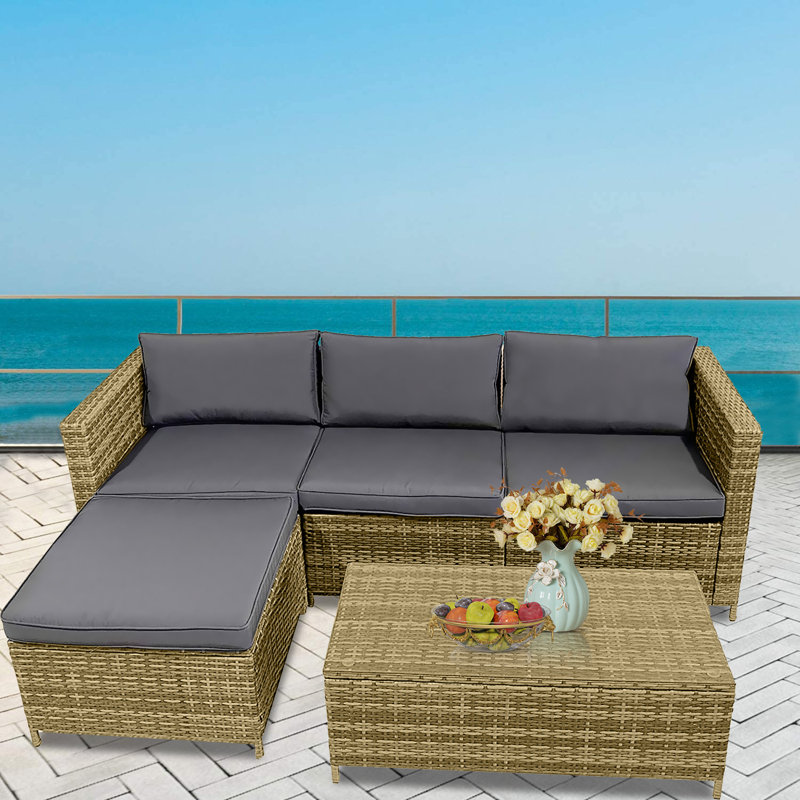 Ebern Designs 5 Pieces Patio Furniture Sectional Set Outdoor All Weather Pe Rattan Wicker Lawn Conversation Sets Cushioned Garden Sofa Set With Glass Coffee Table Wicker Rattan Patio Sofa Couch Conversation Set With Ottoman