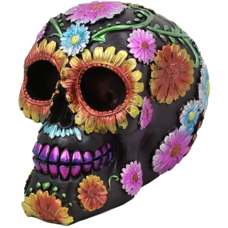 Decorative Resin Skull Neon Green Skull with Neon Pink Flower