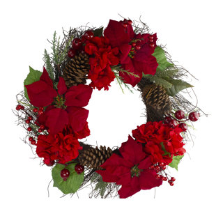 Battery Powered|Timing Setting Leaflai 24 Inch Christmas Wreaths for Front Door with red Berries Snowflakes Pine Cones and 50 Warm White LED Lights Outdoor Lighted Christmas Decorative Wreath