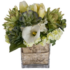 Faux White Flowers and Succulents in Decorative Vase