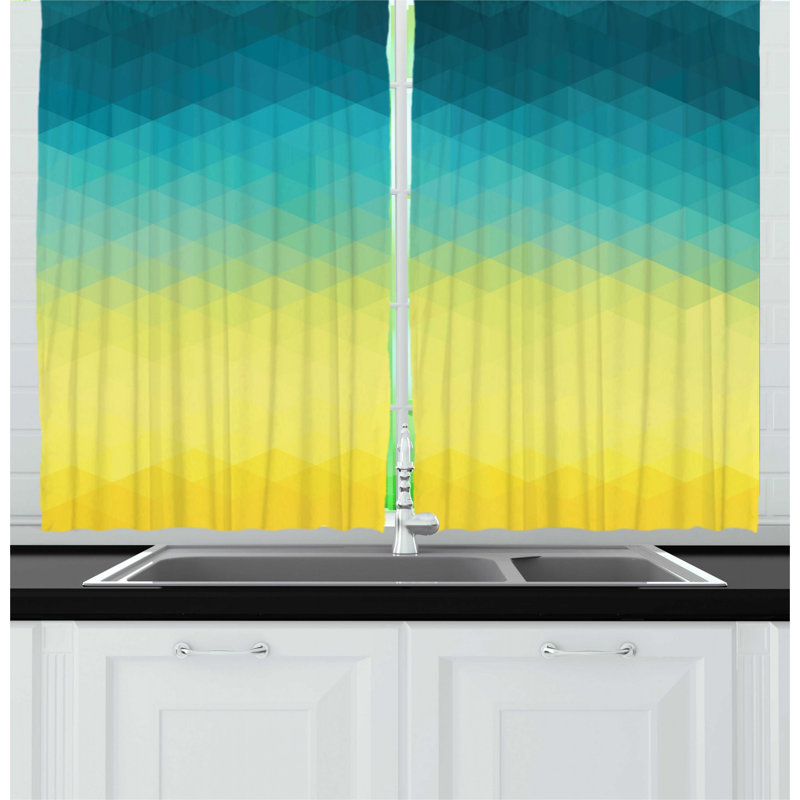 East Urban Home 2 Piece Aqua Ombre Yellow And Aqua Color Palette Color Changes Mosaic Like Polygonal Design Kitchen Curtain Set Wayfair