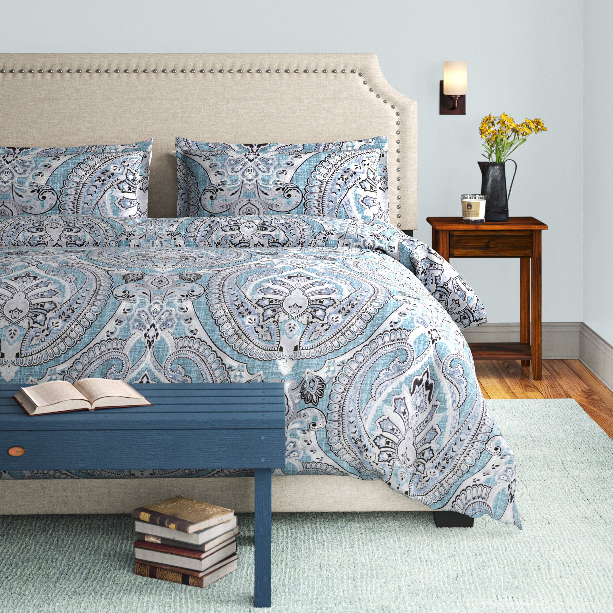 Luxurious Soft and Breathable Blue Green White Intricate Paisley Comforter Cover Set 100/% Brushed Microfiber Duvet Cover Set